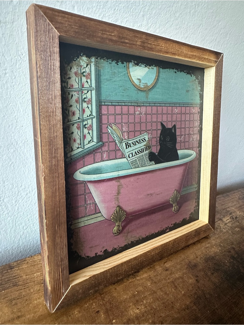 Framed Wooden Vintage-Style Cat in Pink Clawfoot Tub Art Wall Home Decor NWT - Picture 3 of 4